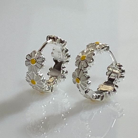 Sterling Silver Daisy Huggie Hoop Earrings - Picture 6 of 9